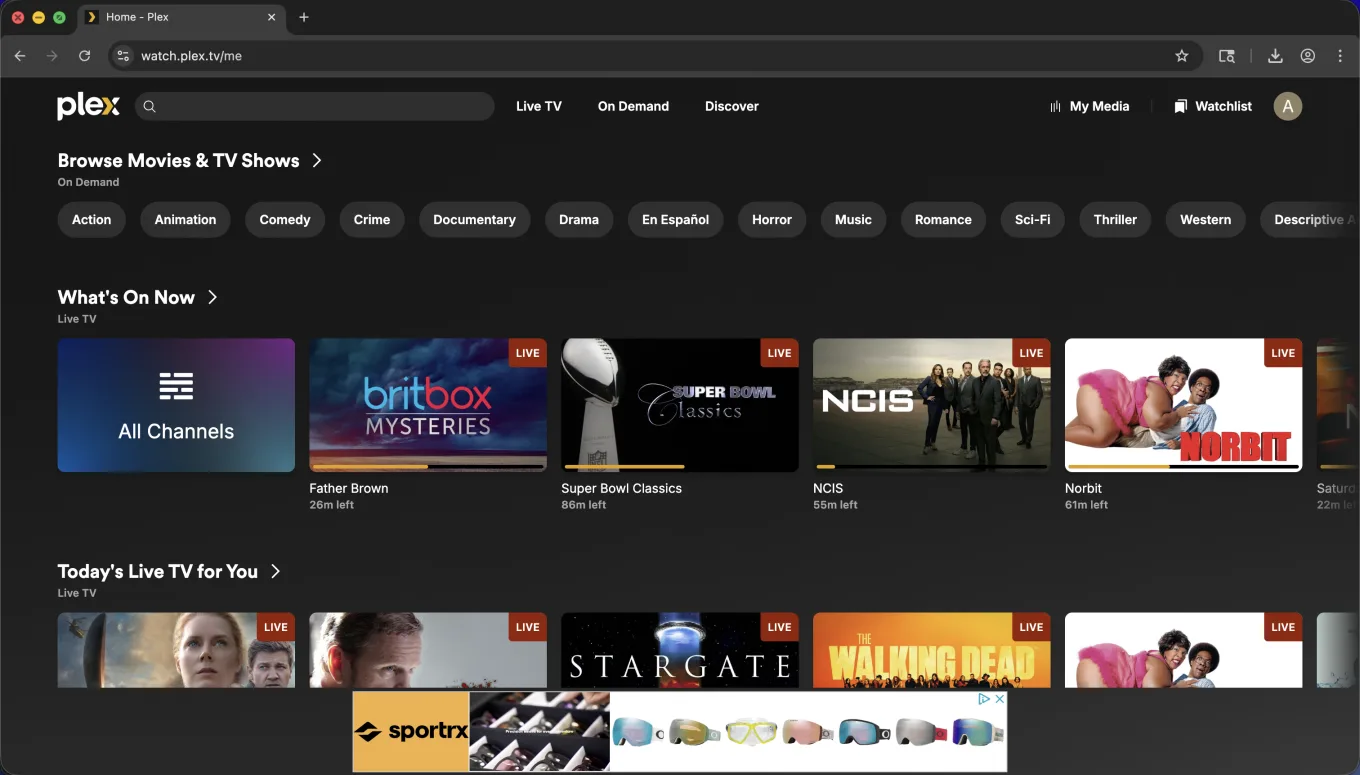 Plex administrator account showing Live TV, On Demand, and Discover sources