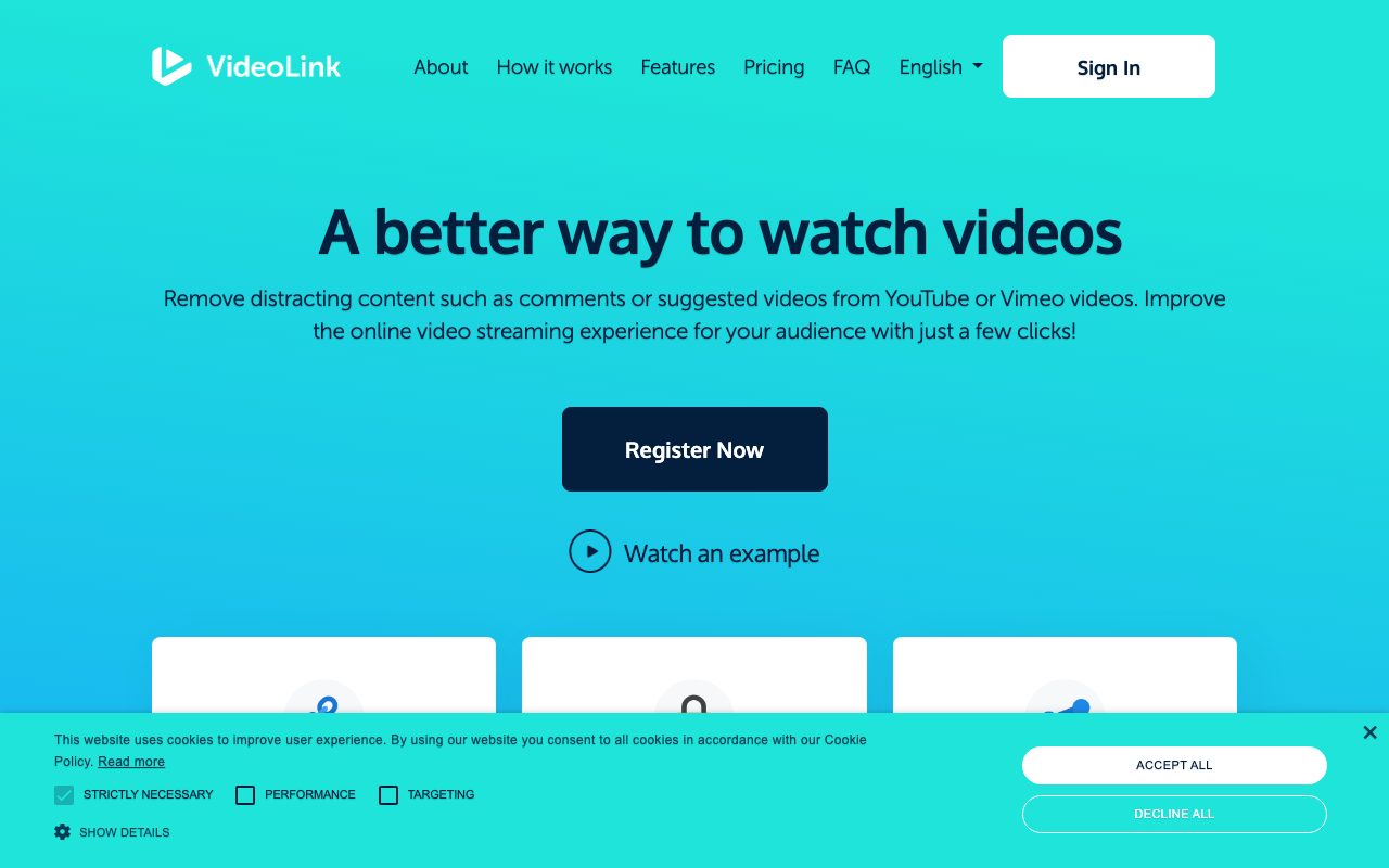 video.link homepage with headline 'A better way to watch videos' and a Register Now button