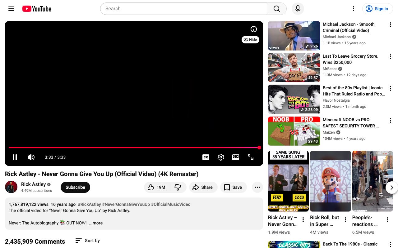 A YouTube watch page paused, with the recommendations sidebar showing Minecraft kid-content, an 80s music video playlist, and 'Best of the 80s' next to a Rick Astley video