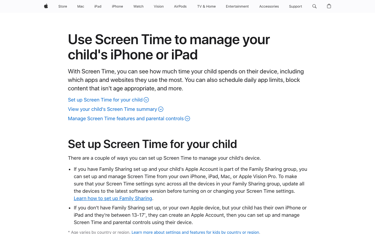 Apple Support page: Use Screen Time to manage your child's iPhone or iPad