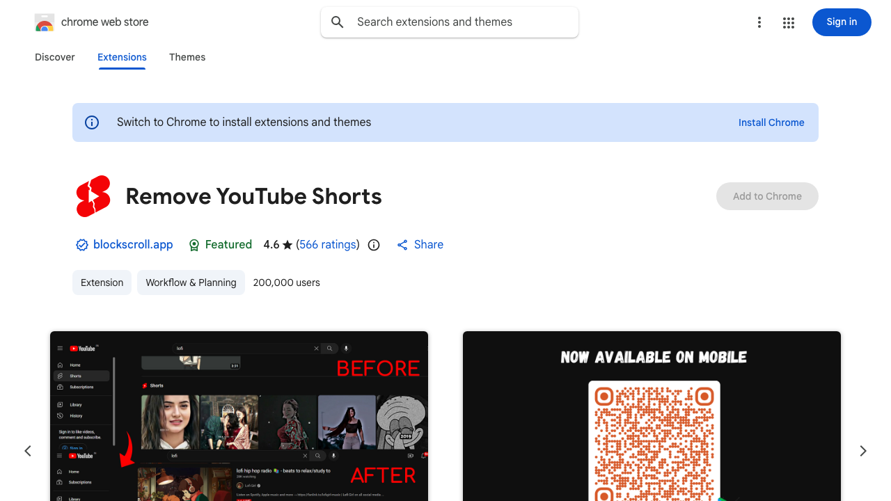 Chrome Web Store listing for Remove YouTube Shorts extension — 4.6 stars, 566 ratings, 200,000 users, Featured badge
