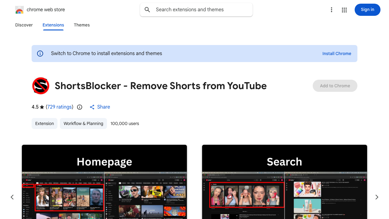 Chrome Web Store listing for ShortsBlocker — 4.5 stars, 729 ratings, 100,000 users, with Homepage/Search preview screenshots