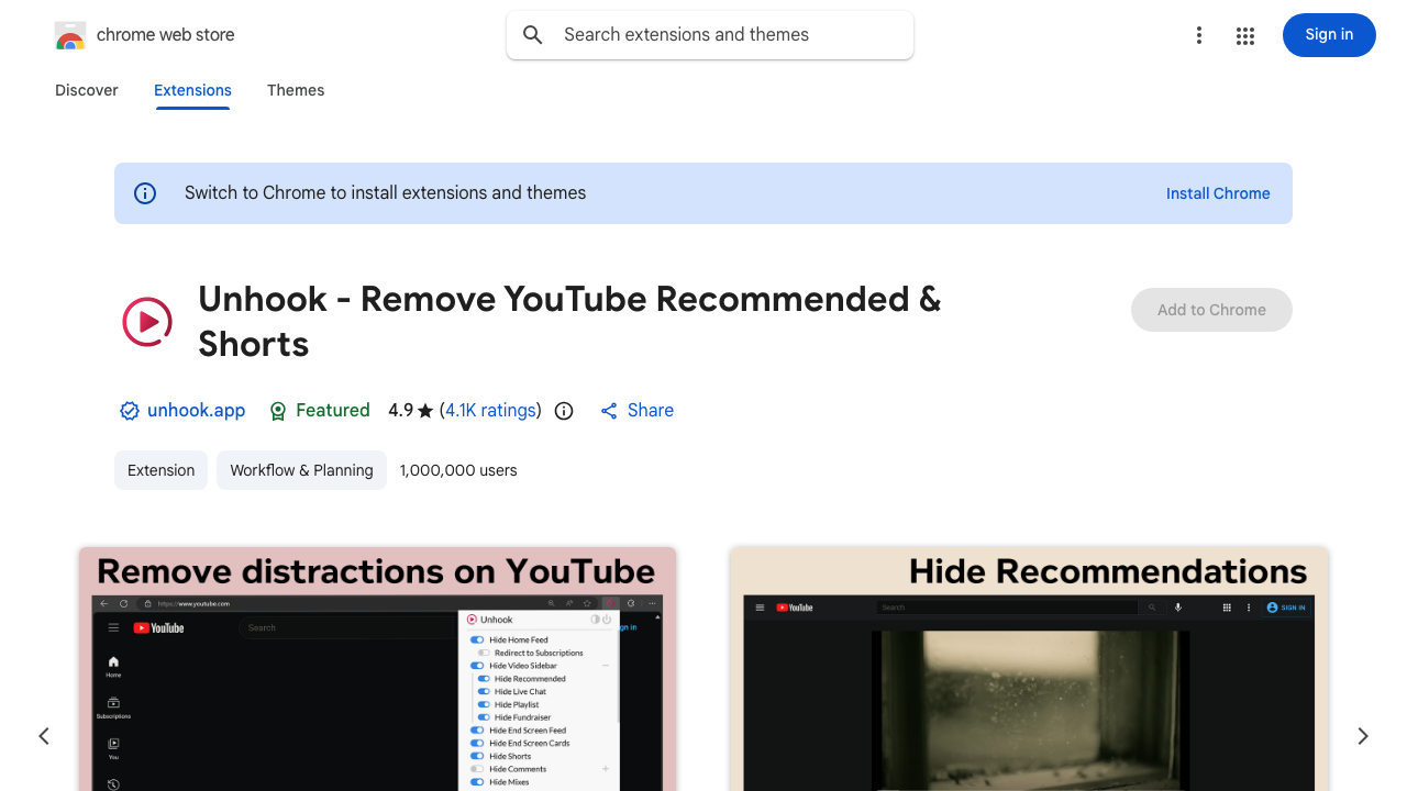 Chrome Web Store listing for Unhook: Remove YouTube Recommended & Shorts — 4.9 stars, 4.1K ratings, 1,000,000 users