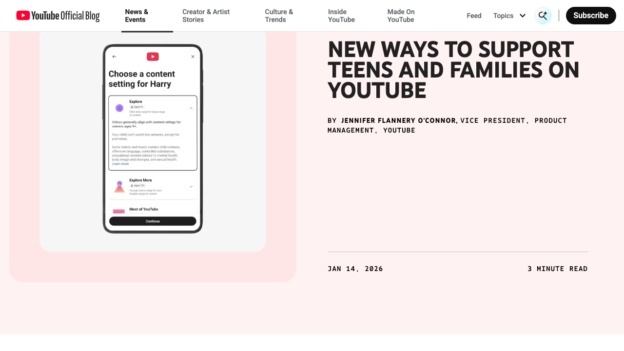 YouTube official blog post: New Ways to Support Teens and Families on YouTube, January 14, 2026