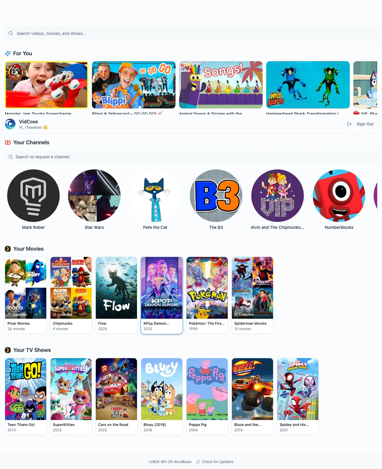 VidCove child view with assigned Plex movies and TV shows beside approved YouTube channels