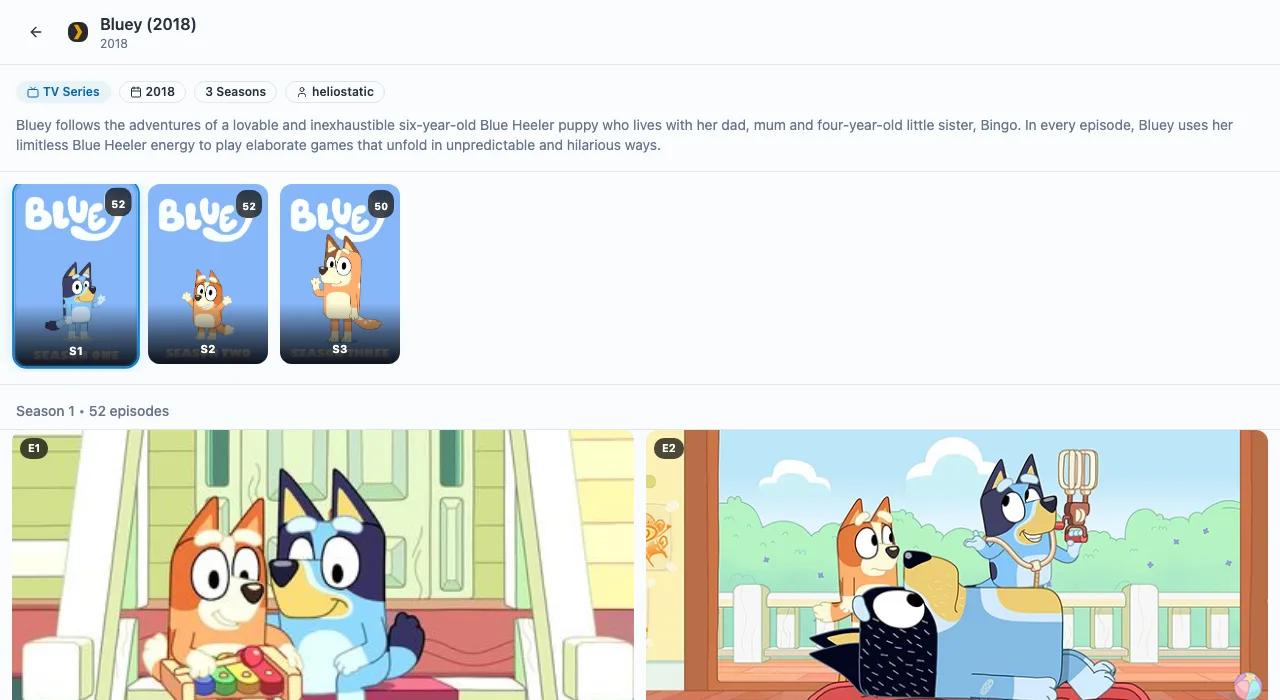 VidCove child view for an assigned TV show with seasons and episodes