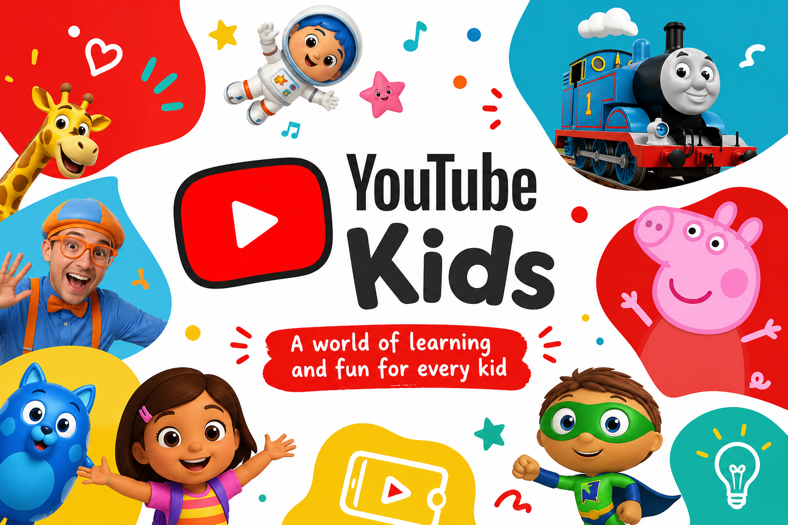 YouTube Kids brand collage — the logo with the tagline 'A world of learning and fun for every kid', surrounded by familiar kid-show characters.
