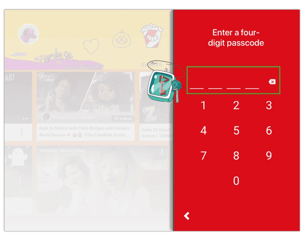 YouTube Kids passcode pad — a four-digit entry overlay on the right side of the tablet screen, with the home grid dimmed behind it.