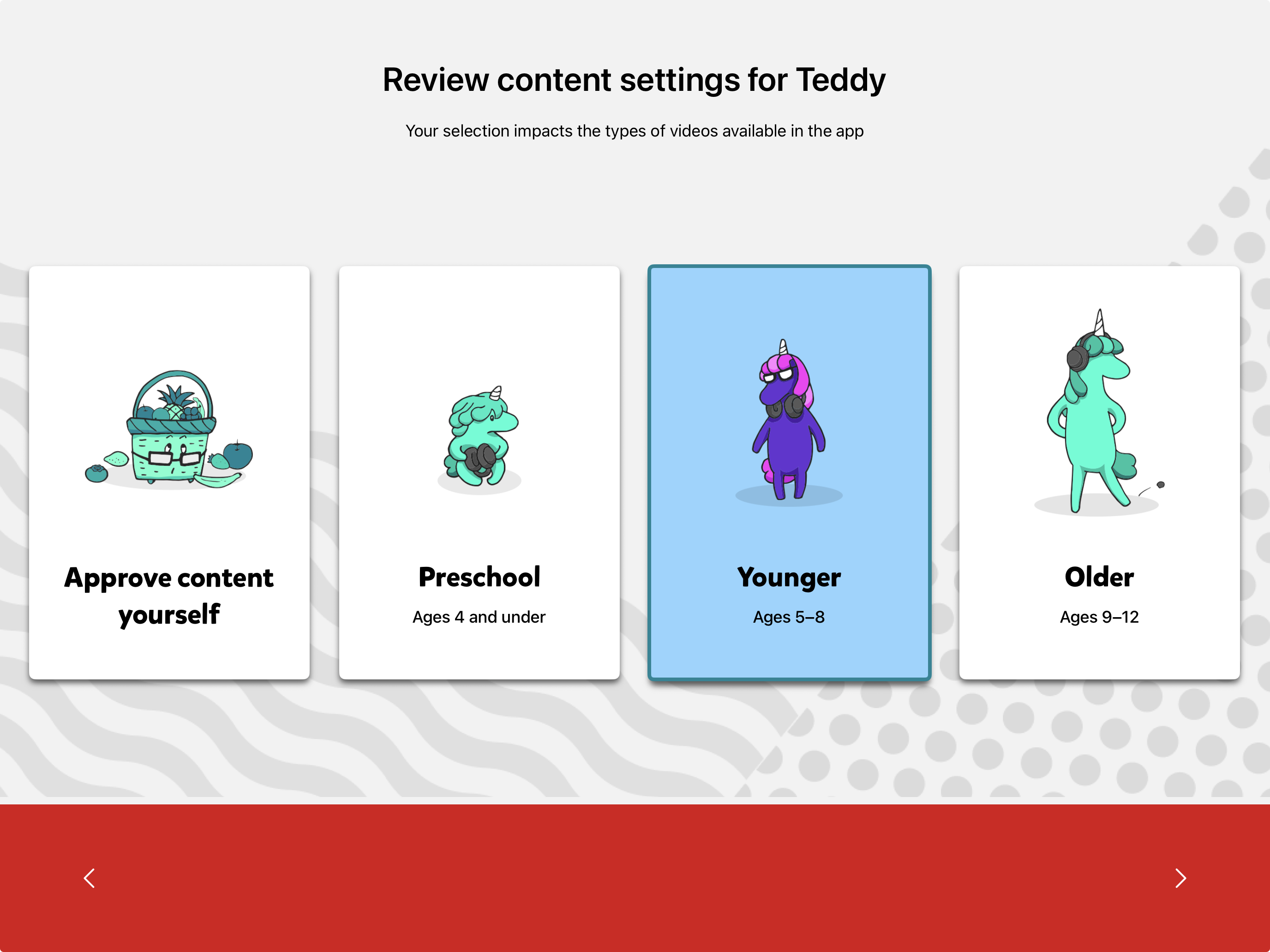 The YouTube Kids content-mode picker — four cards: Approve content yourself, Preschool (ages 4 and under), Younger (ages 5–8) selected, and Older (ages 9–12).