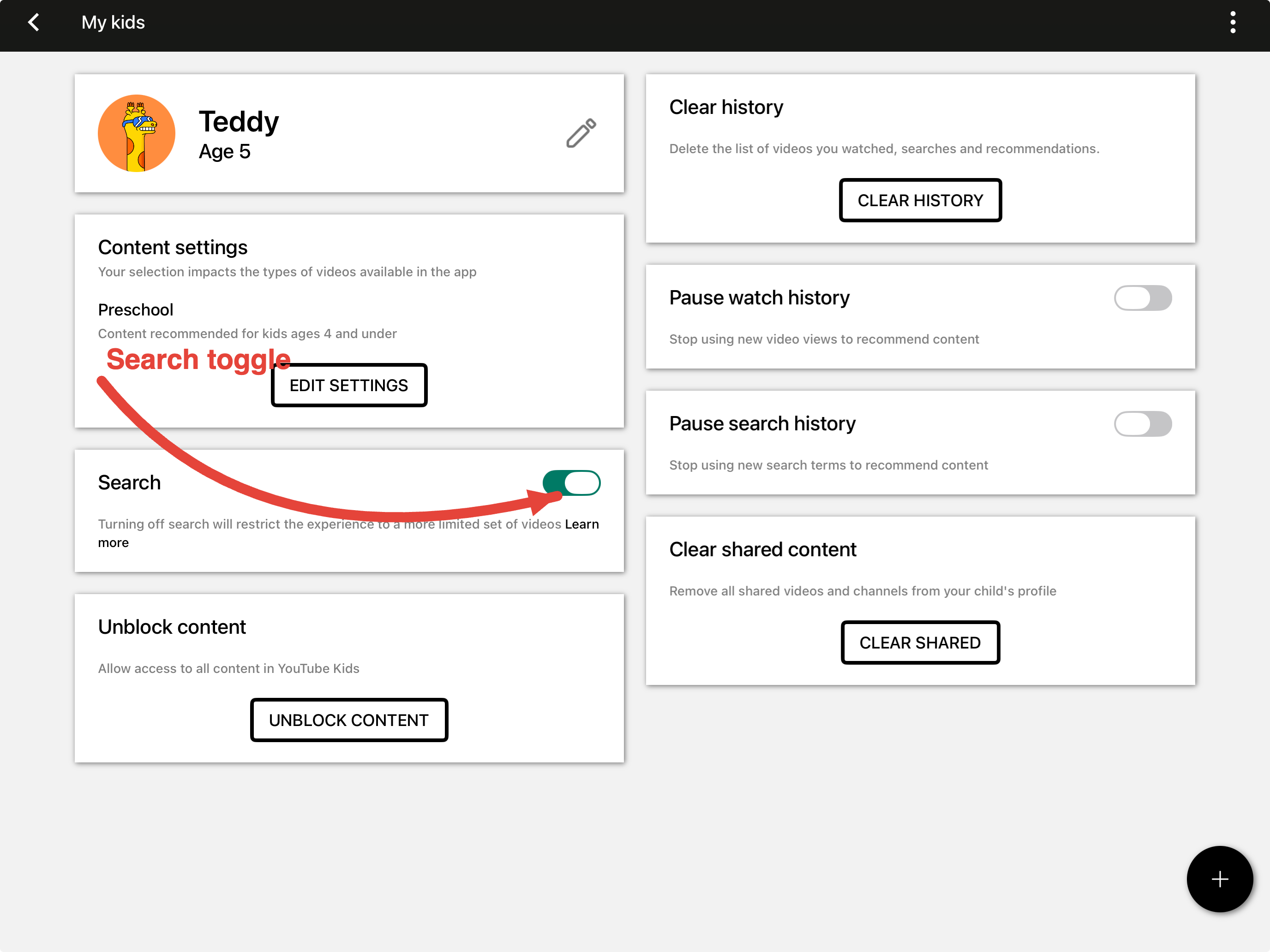 YouTube Kids 'My kids' settings panel — the Search card on the left has a green toggle pill highlighted.