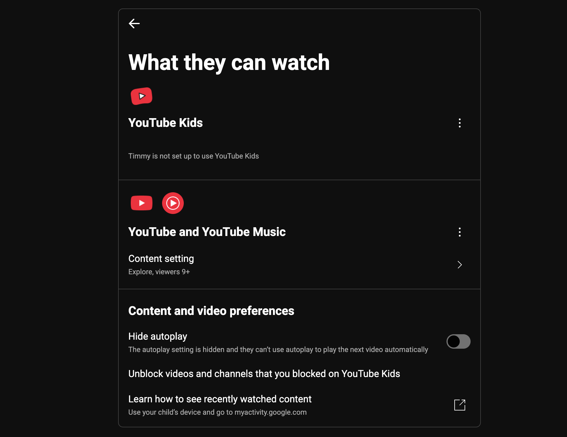 YouTube Family Center 'What they can watch' screen showing the YouTube Kids row, the YouTube and YouTube Music content setting (Explore, viewers 9+), and Content and video preferences.