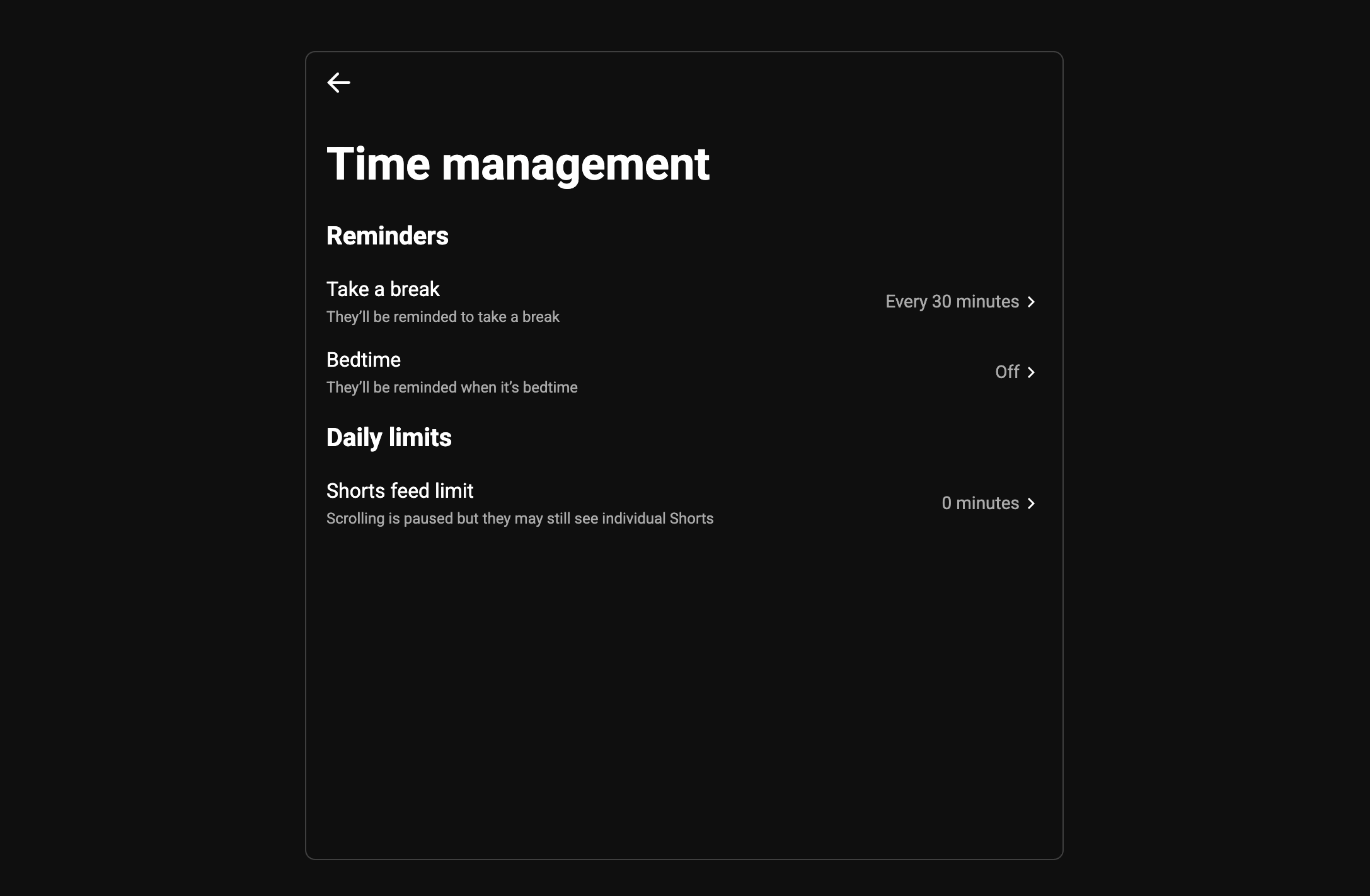 YouTube Family Center 'Time management' screen — Reminders (Take a break every 30 minutes, Bedtime off) and Daily limits (Shorts feed limit, 0 minutes).