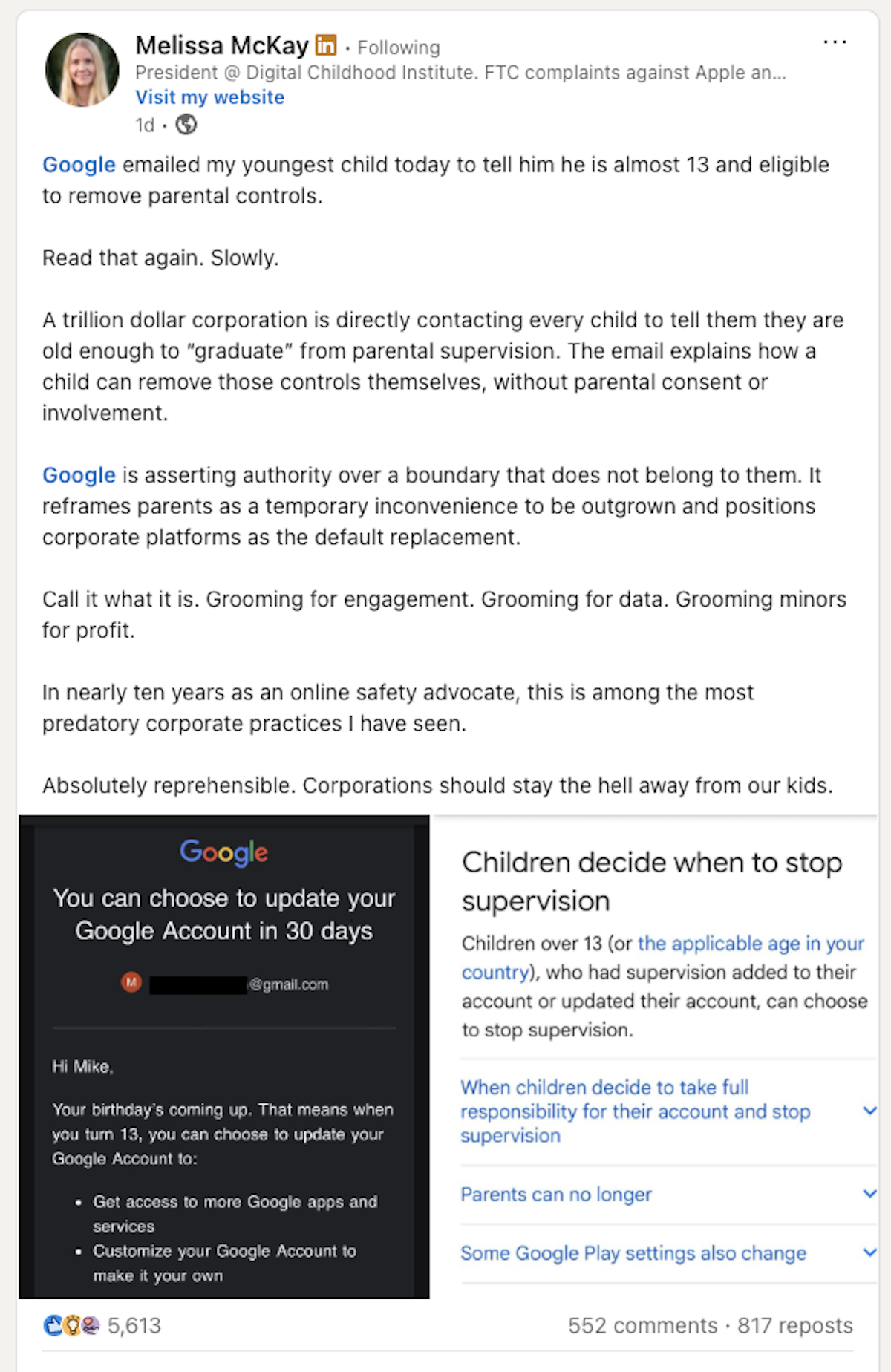 Melissa McKay LinkedIn post (April 2026) about Google emailing her 12-year-old child directly — alongside the actual Google email 'You can choose to update your Google Account in 30 days' and the matching Google support page on stopping supervision.
